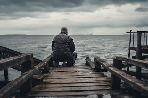 Mężczyzna siedzi na doku i patrzy na morze.