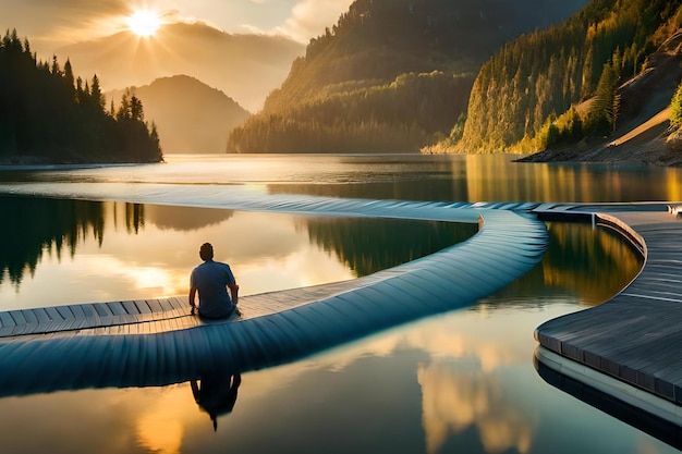 Zdjęcie mężczyzna siedzi na drewnianej platformie w jeziorze z górami w tle.