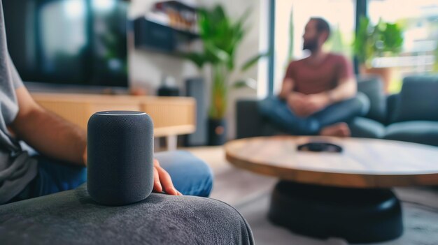 Zdjęcie mężczyzna siedzi na kanapie w salonie i rozmawia ze swoim inteligentnym głośnikiem, który jest umieszczony na stoliku przed nim.