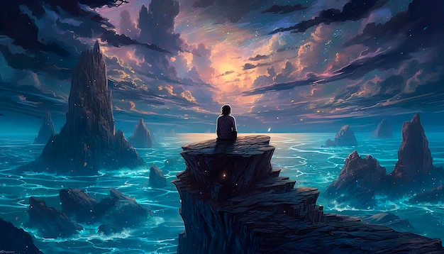 Mężczyzna siedzi na klifie i patrzy na morze.