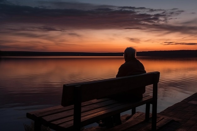 Zdjęcie mężczyzna siedzi na ławce o zachodzie słońca i patrzy na jezioro.