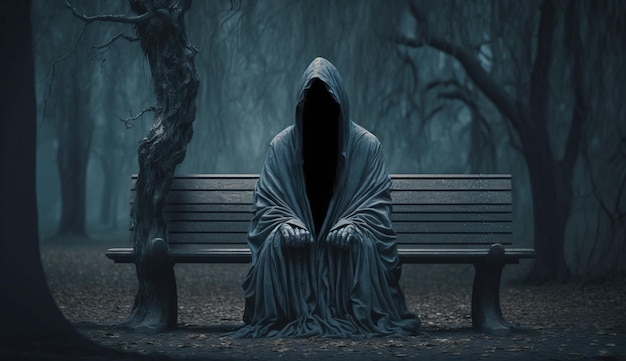 Mężczyzna siedzi na ławce w ciemnym lesie z duchem pośrodku.