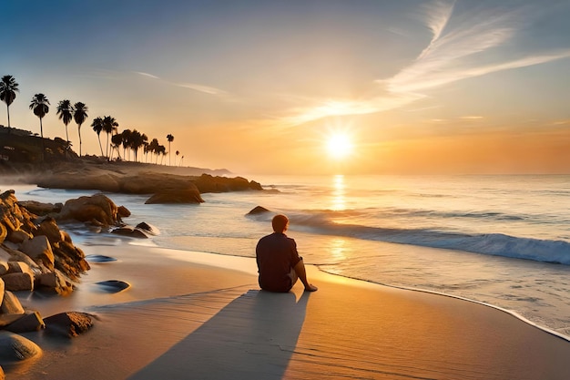 Mężczyzna siedzi na plaży i ogląda zachód słońca.