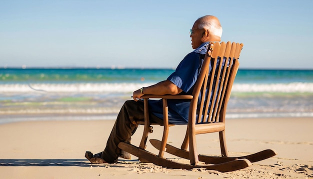Mężczyzna siedzi na plaży na krześle.