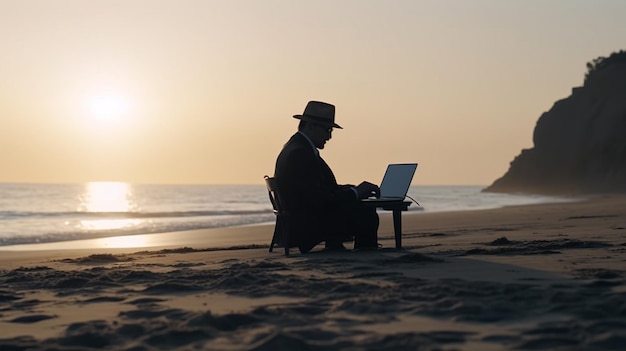 Mężczyzna siedzi na plaży przed komputerem przenośnym generującym ai