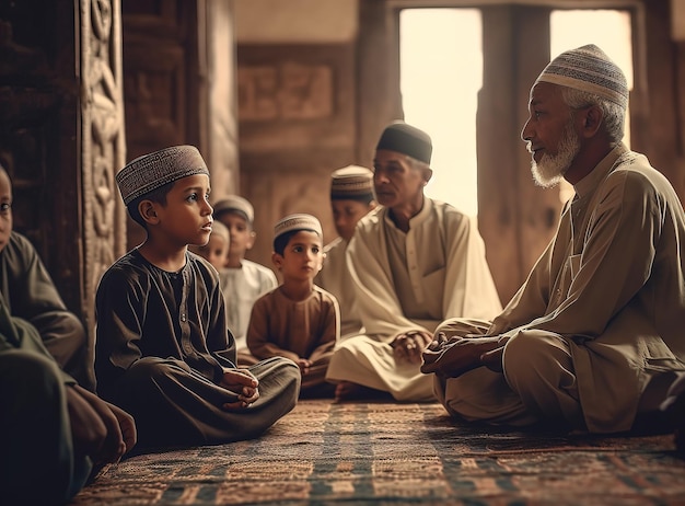 Mężczyzna siedzi na podłodze z chłopcem w meczecie.