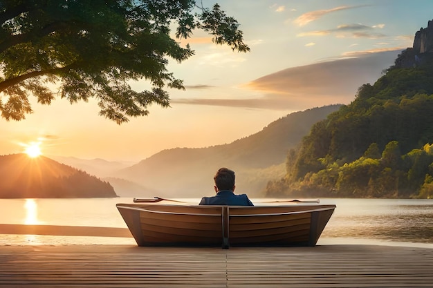 Mężczyzna siedzi na pokładzie z widokiem na jezioro i góry.