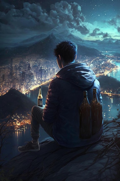 Mężczyzna siedzi na skale patrząc na butelkę piwa generatywnego ai