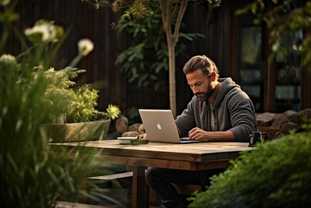 Zdjęcie mężczyzna siedzi na stole na zewnątrz i korzysta z laptopa