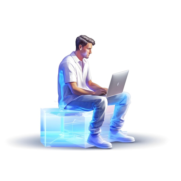Mężczyzna siedzi na sześcianie z laptopem w dłoniach.