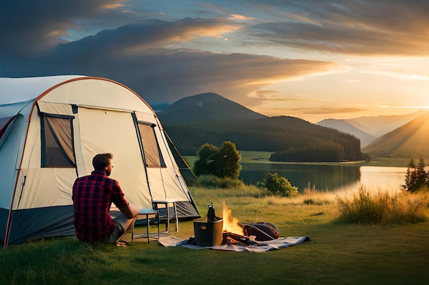 Mężczyzna siedzi obok namiotu z jeziorem i górami w tle.