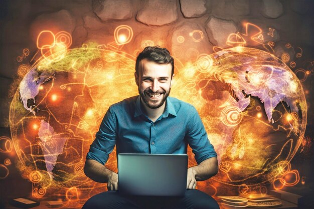 Mężczyzna siedzi przed laptopem intensywnie włamując się do sieci komputerowej jego twarz oświetlona przez blask ekranu na ognistym tle