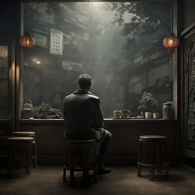 mężczyzna siedzi przed oknem z tabliczką „zakaz palenia”