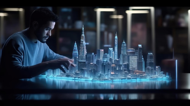 Mężczyzna siedzi przed trójwymiarowym miastem z niebieskim światłem, które mówi „miasto światła”