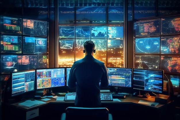 Mężczyzna siedzi przy biurku przed ekranem komputera z napisem „cyberbezpieczeństwo”.