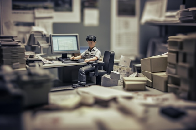 Mężczyzna siedzi przy biurku w biurze ze stosem kartonów.