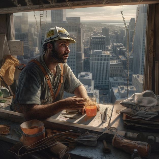 Mężczyzna siedzi przy biurku w oknie z widokiem na panoramę miasta w tle.