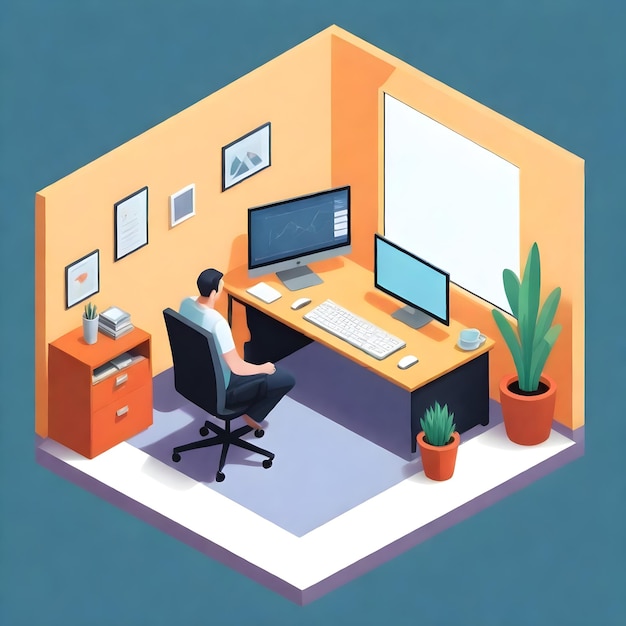 Mężczyzna siedzi przy biurku w pomarańczowym pokoju z komputerem i rośliną na nim