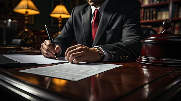mężczyzna siedzi przy biurku z długopisem w dłoni i długopisem przed sobą.