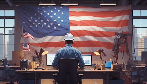 Mężczyzna siedzi przy biurku z komputerem i amerykańską flagą