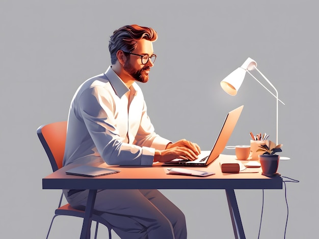 Mężczyzna siedzi przy biurku z laptopem