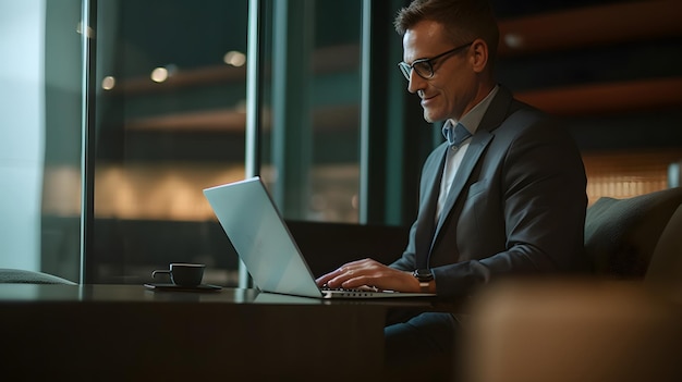 Mężczyzna siedzi przy stole w ciemnym pokoju, używając laptopa.