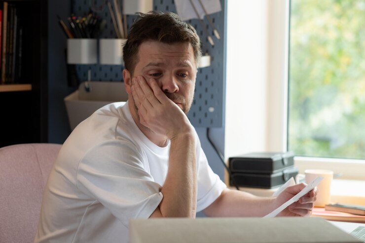 Zdjęcie mężczyzna siedzi przy stole w domu z papierami, próbując policzyć swoje pieniądze i długi.