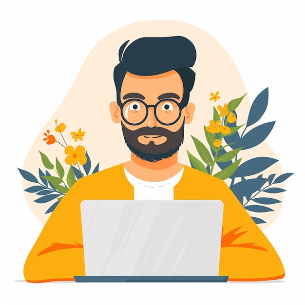Mężczyzna siedzi przy stole z ilustracją na laptopie