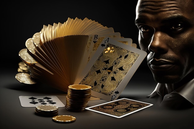 Mężczyzna siedzi przy stole z kartami do pokera i stosem żetonów do pokera.