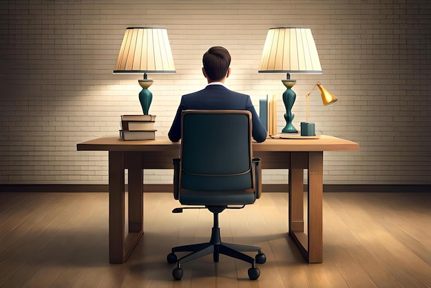 Mężczyzna siedzi przy stole z laptopem i lampą, która mówi słowo na nim ilustracja 3D