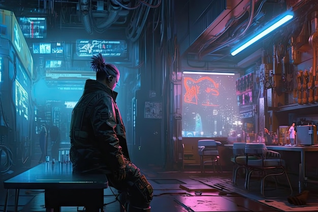 Mężczyzna siedzi w ciemnym pokoju z neonem z napisem „cyberpunk”.