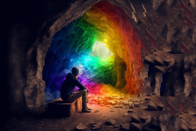 Mężczyzna siedzi w jaskini z tęczą w środku.