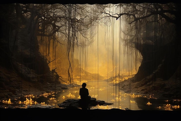 mężczyzna siedzi w lesie z jeziorem w tle.