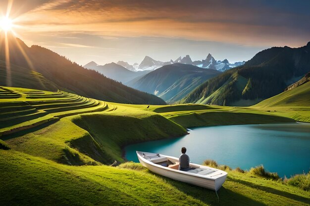 Mężczyzna siedzi w łodzi na zielonym polu z górami w tle.