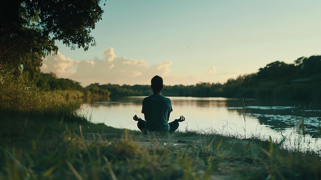 Mężczyzna siedzi w meditacyjnej pozycji na brzegu jeziora, słońce zachodzi za nim, niebo jest głęboko pomarańczowe, a woda jest ciemno niebieska.