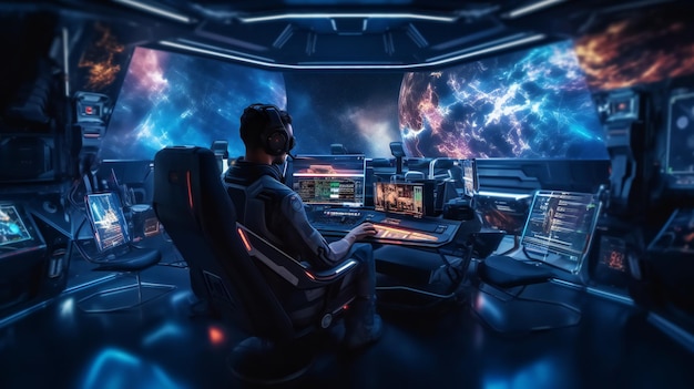 Mężczyzna siedzi w pokoju ze stacją kosmiczną w tle.