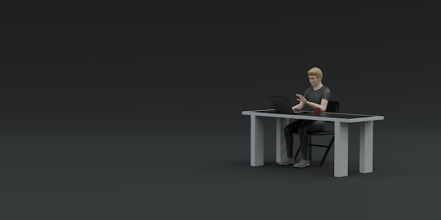 Mężczyzna siedzi w pracy na stole z notebookiem i komputerową ilustracją 3D