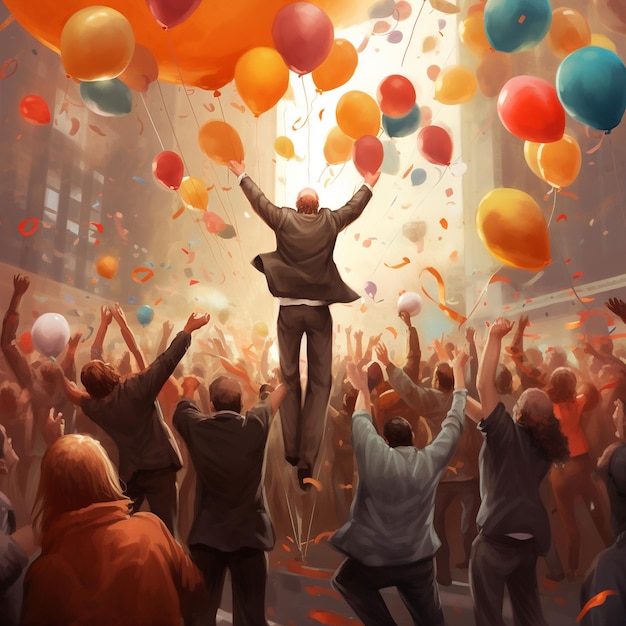 mężczyzna skaczący w tłumie z balonami w powietrzu.