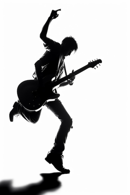Mężczyzna skacze z gitarą w ręku.