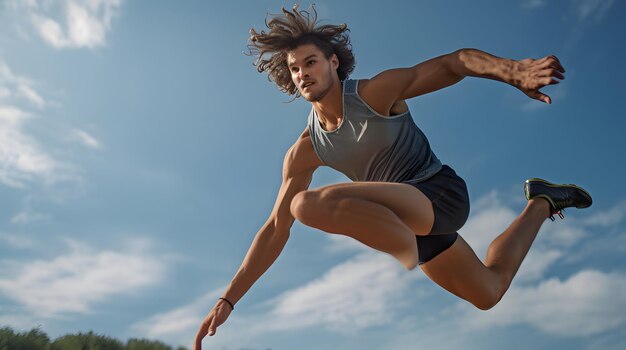 Zdjęcie mężczyzna skakający w dal w powietrzu na zawodach lekkoatletycznych