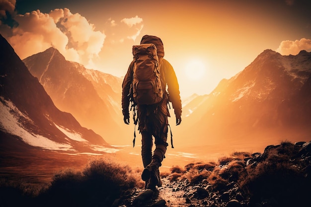 Mężczyzna spacerujący po górach z plecakiem na plecach
