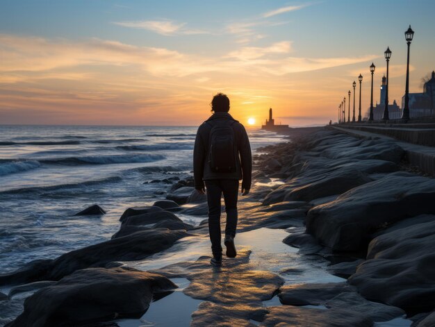 Mężczyzna spacerujący po plaży o zachodzie słońca