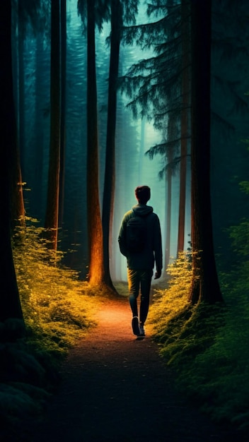 Zdjęcie mężczyzna spacerujący samotnie w magicznym lesie