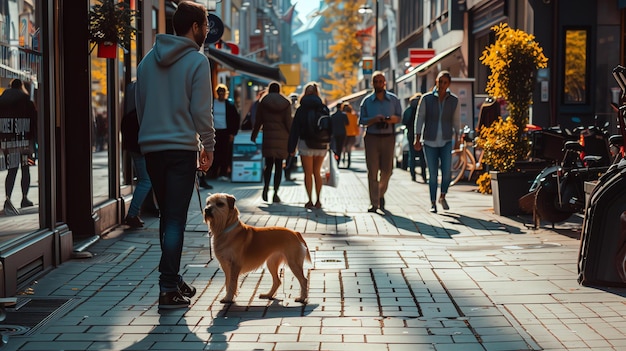 Zdjęcie mężczyzna spacerujący z psem po ruchliwej ulicy, mężczyzna w zwykłym stroju, patrzy na swojego psa.
