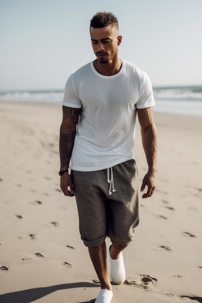 Mężczyzna spaceruje po plaży w białej koszuli z napisem „nie jestem mężczyzną”