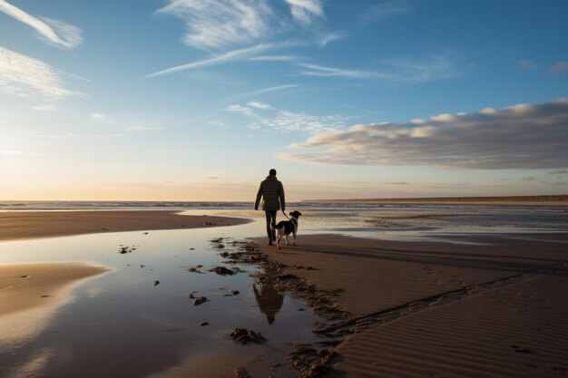 Mężczyzna spaceruje z psem po rozległej, pustej plaży Holkham Norfolk w Wielkiej Brytanii