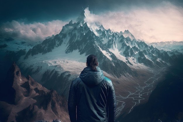 Mężczyzna spoglądający w kierunku francuskich gór w pobliżu Chamonix przestarzałe kinematografie