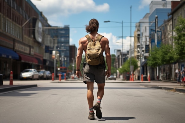 Mężczyzna sportowy kręci się i chodzi po ulicy w nowoczesnym mieście Generatywna sztuczna inteligencja