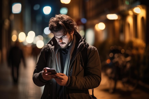 Mężczyzna sprawdza telefon w miejską noc, szukając wskazówek, wysyłając wiadomość tekstową