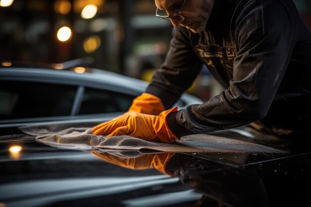 Zdjęcie mężczyzna sprzątający czarny samochód z tkaniną z mikrofibry szczegółowy opis samochodu lub koncepcja obsługi selektywnego skupienia generative ai